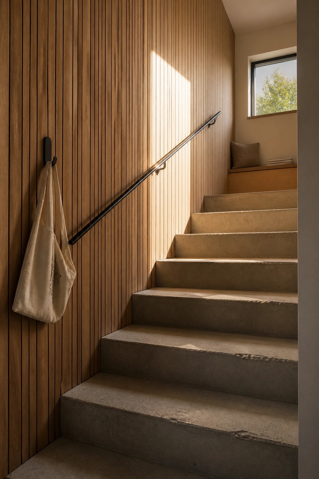 A concrete staircase runs alongside a wall of vertical light wood panels, with a black handrail and a canvas tote hanging from a hook on the left.