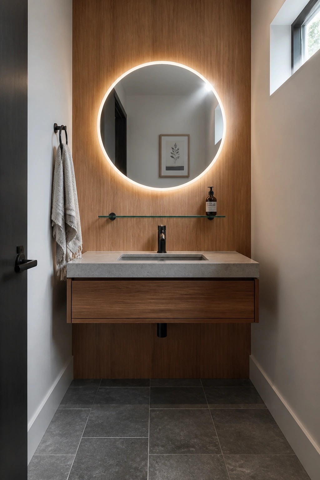 A modern bathroom features a floating wood vanity with a concrete countertop, black faucet, and round backlit mirror mounted on vertical wood paneling.