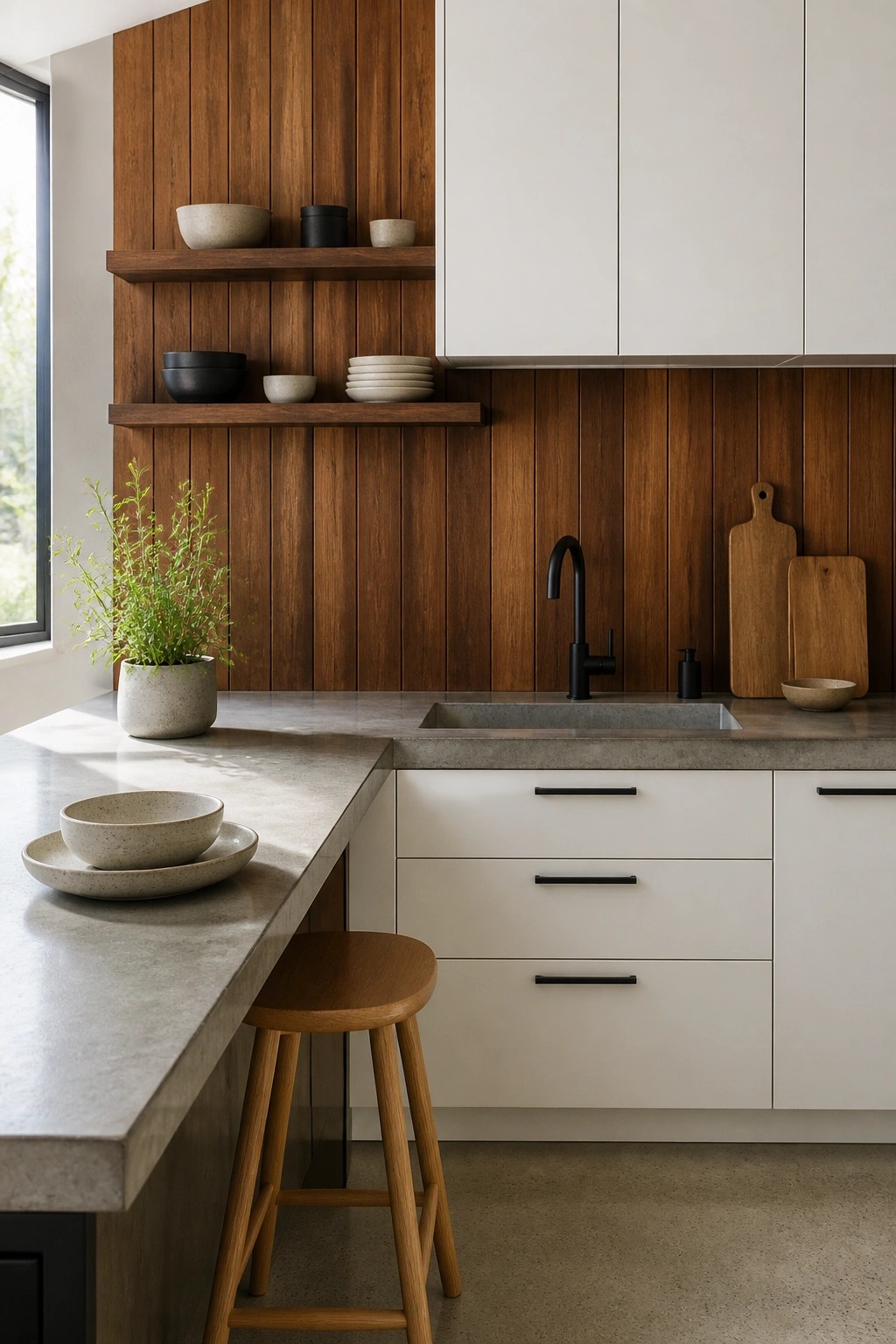 Modern kitchen with wood paneling, white cabinets, concrete counters, black faucet, and stool.