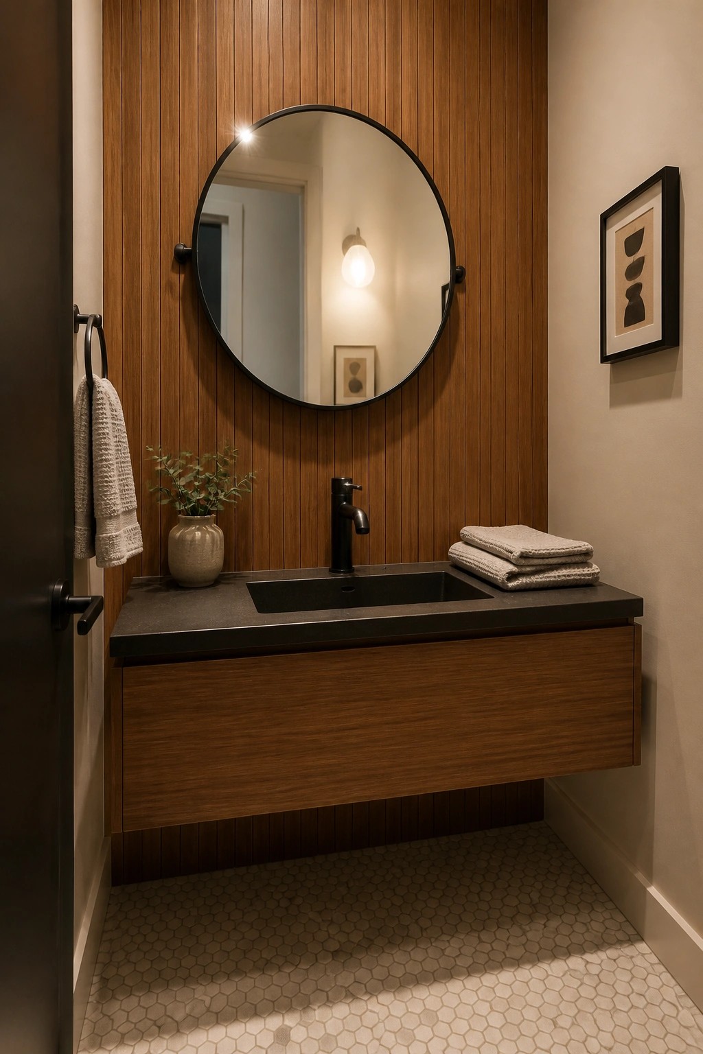 A bathroom interior with vertical wood paneling on the back wall, a round black-framed mirror above a floating wood vanity with a black sink, and light hexagonal floor tiles.
