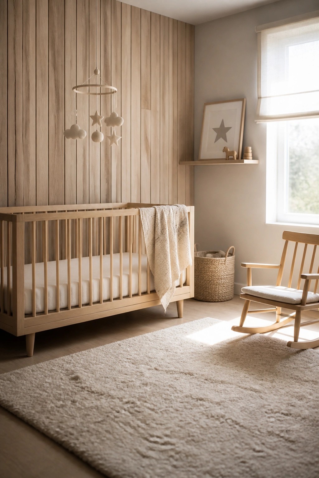 A light wood crib sits against a vertical wood paneled wall in a minimalist nursery, with a wooden rocking chair and beige rug visible.