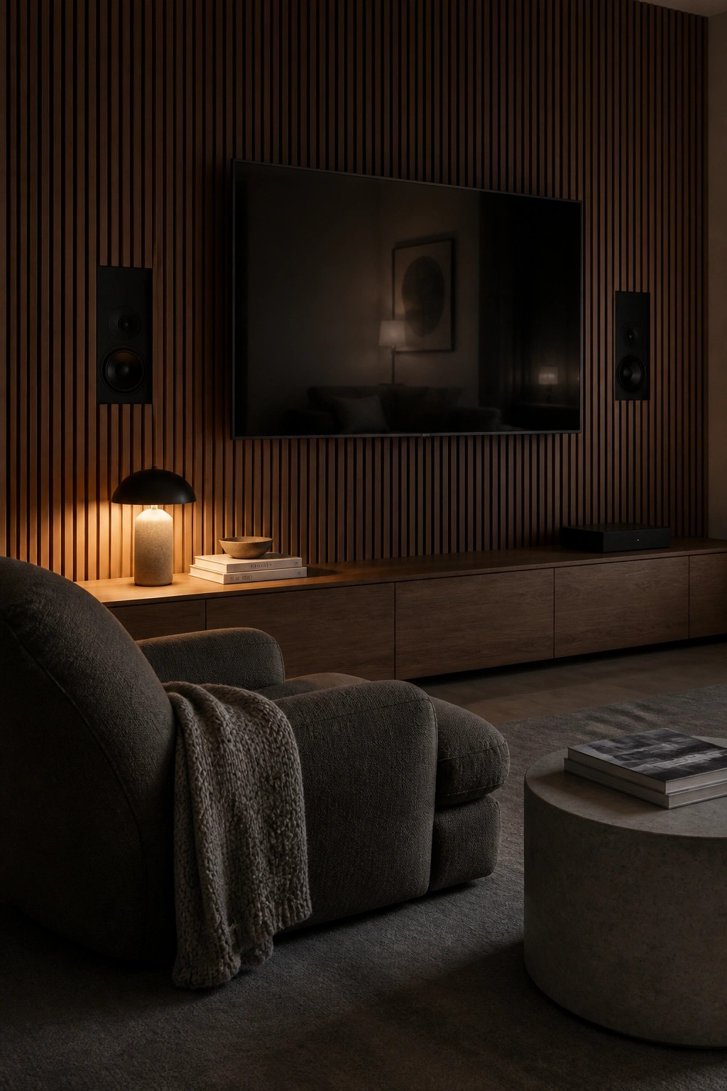 A minimalist living room with a dark vertical wood slat accent wall, mounted flat-screen television, built-in speakers, low wooden console, and a dark upholstered armchair in the foreground.