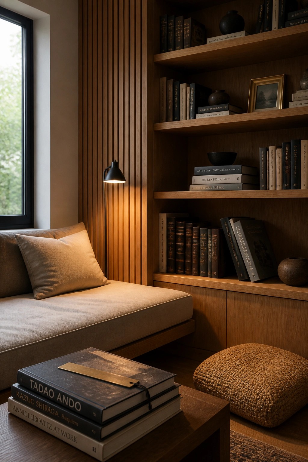 A minimalist interior corner with vertical wood slat paneling, built-in wooden shelves filled with books, a cushioned bench seat, and a small table holding stacked books.