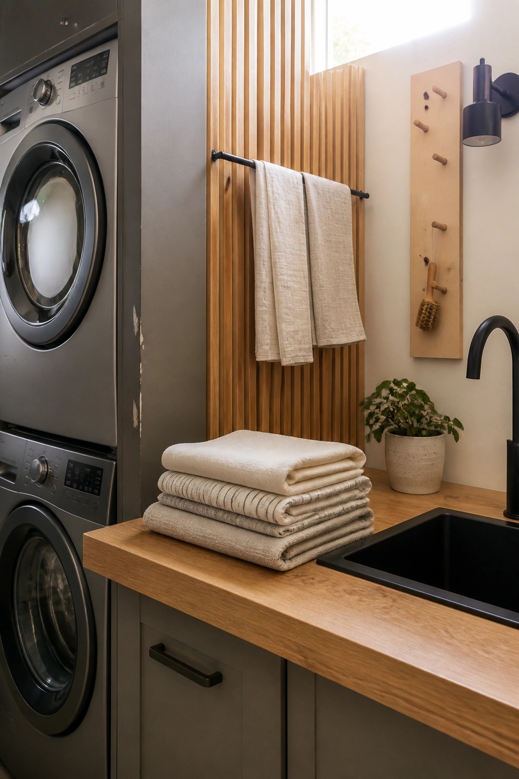 A laundry room interior showing stacked front-loading washers on the left, a wooden countertop with stacked towels, a black sink on the right, and a wall section with vertical wood slats.