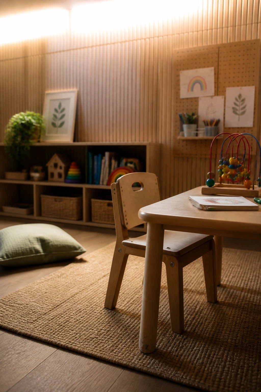 A light wood children's table and chair rest on a woven rug in front of a wall finished with vertical wood slats, with low shelves and a pegboard on the right.