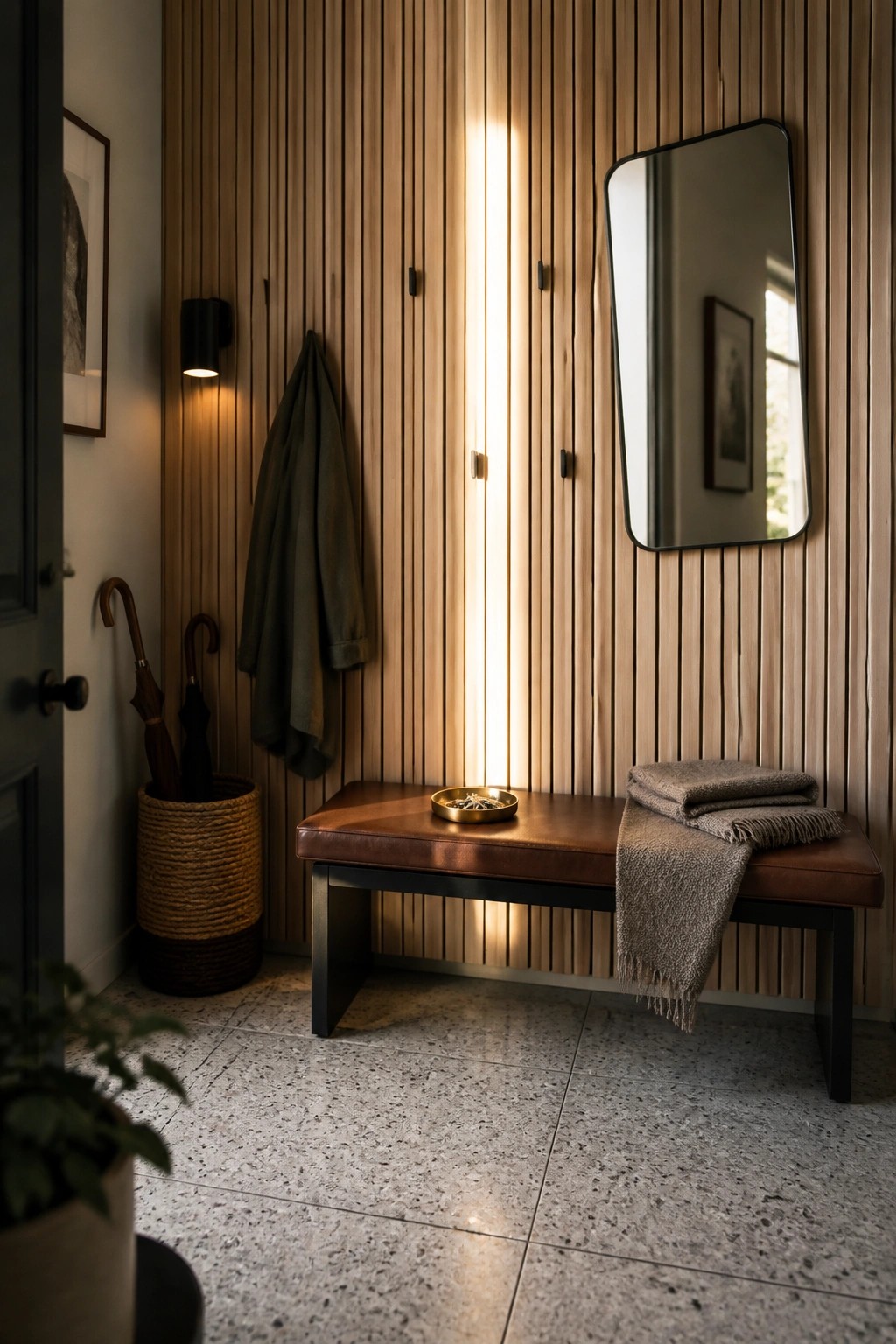 An interior entryway with vertical wood slat walls, a brown leather bench beneath a rectangular mirror, and a woven basket holding umbrellas on the left.