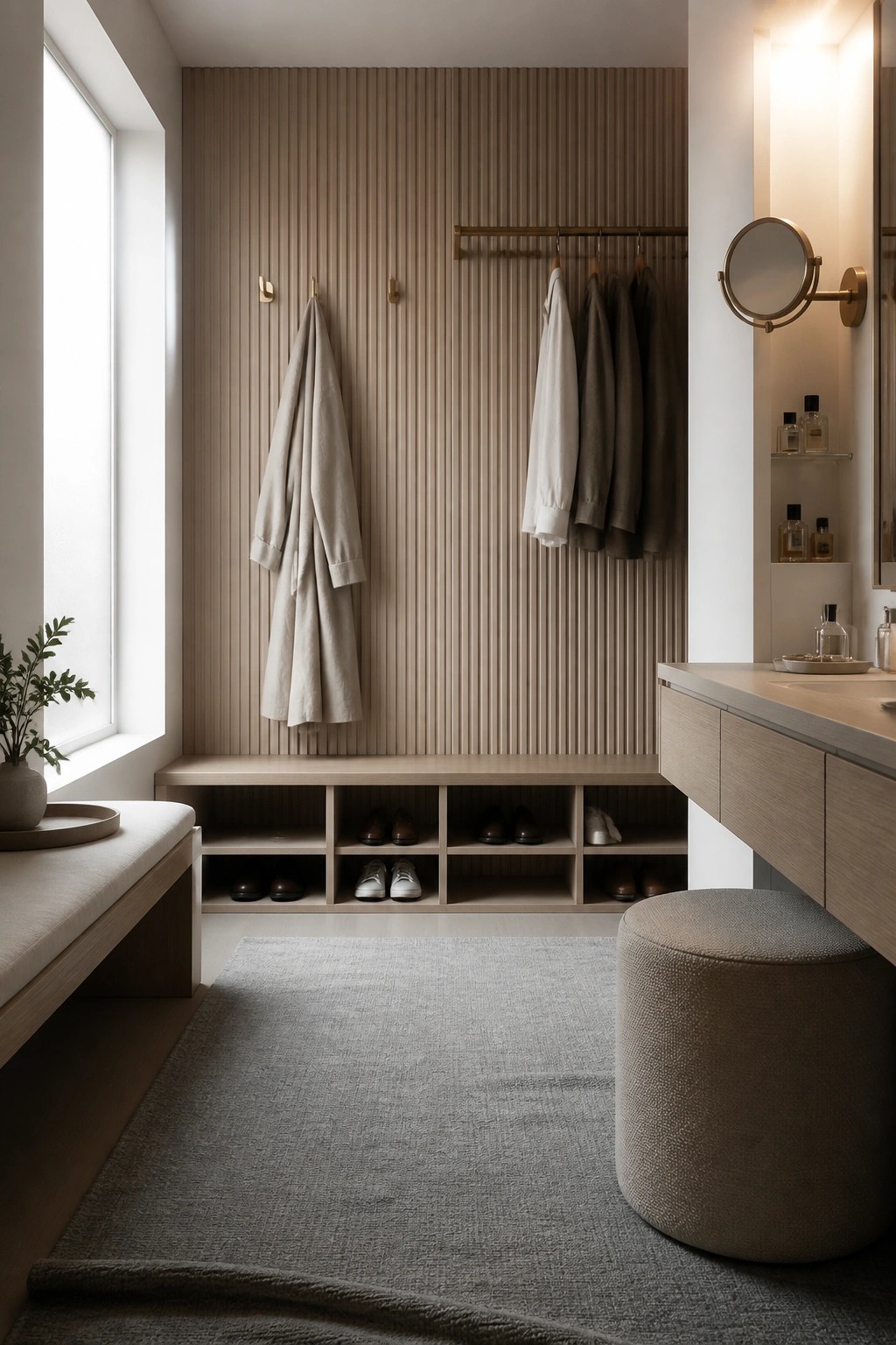 A minimalist interior room with a vertical wood slat wall, built-in bench with cubby storage, wall hooks, hanging clothes, vanity area, and a gray rug on the floor.