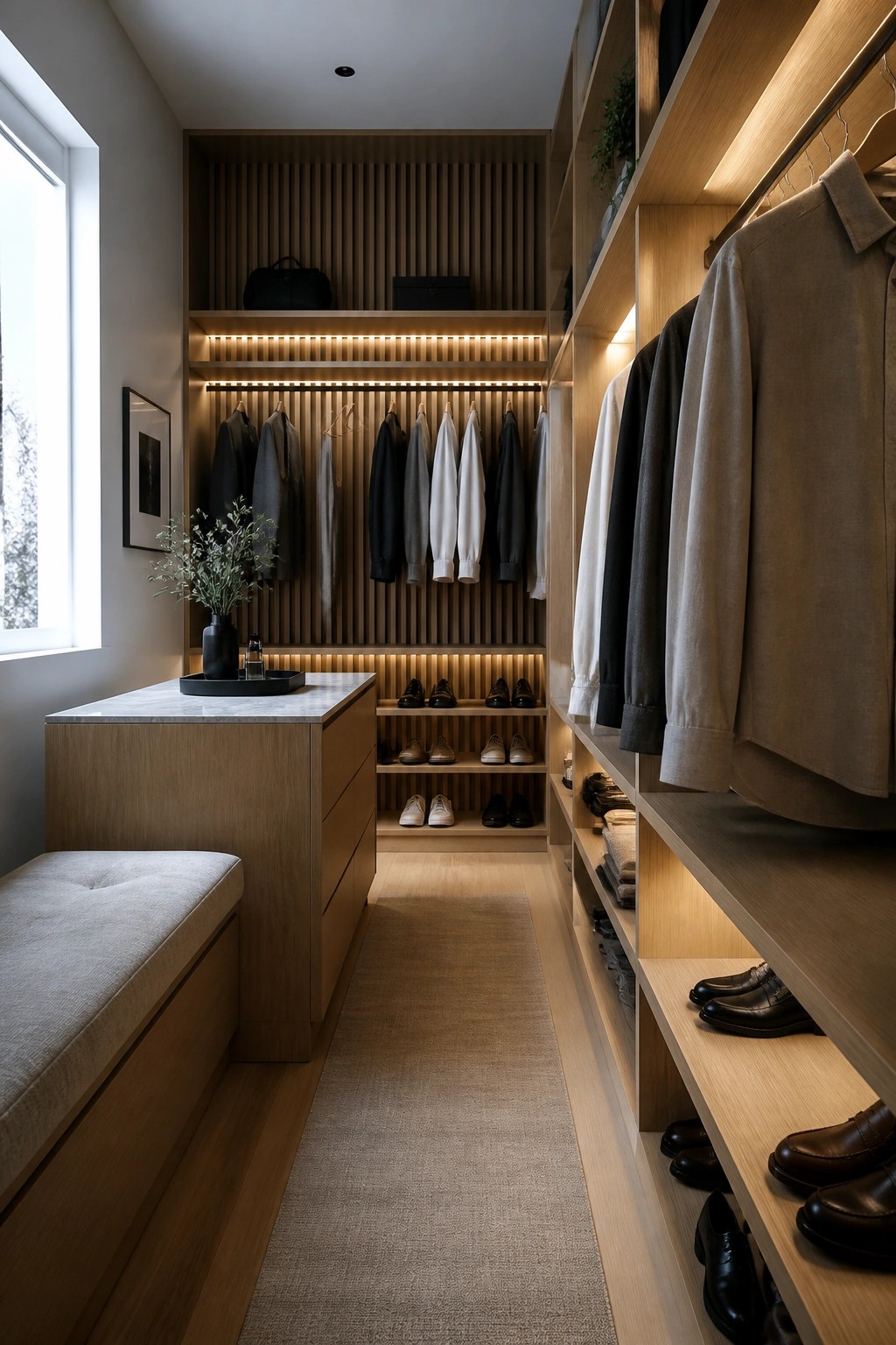A narrow walk-in closet lined with light wood cabinetry, vertical slat walls, open shelving, and hanging garments under warm integrated lighting.
