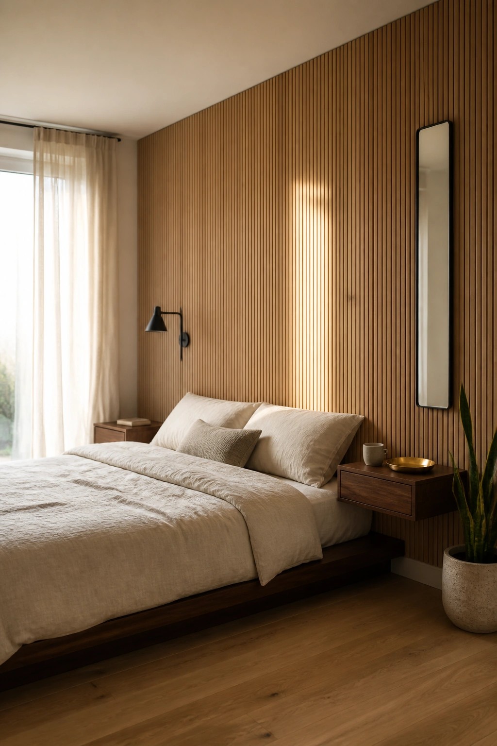 A bedroom with a bed dressed in beige linens against a full wall of vertical wood slats, a floating wood nightstand, a black wall sconce, and a tall mirror on the right.