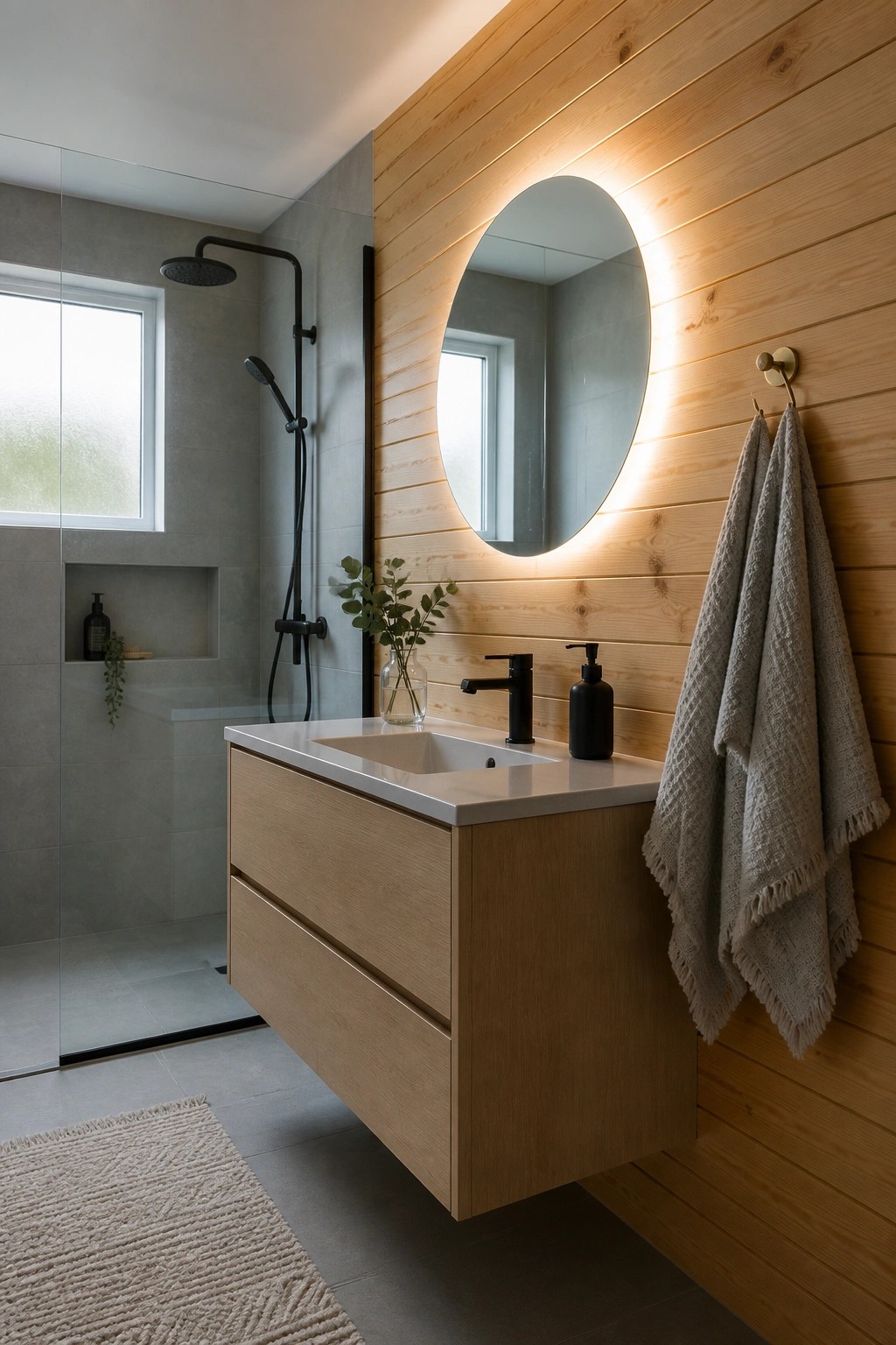 A bathroom with a floating light wood vanity, white countertop, black fixtures, round backlit mirror, and vertical wood plank accent wall.
