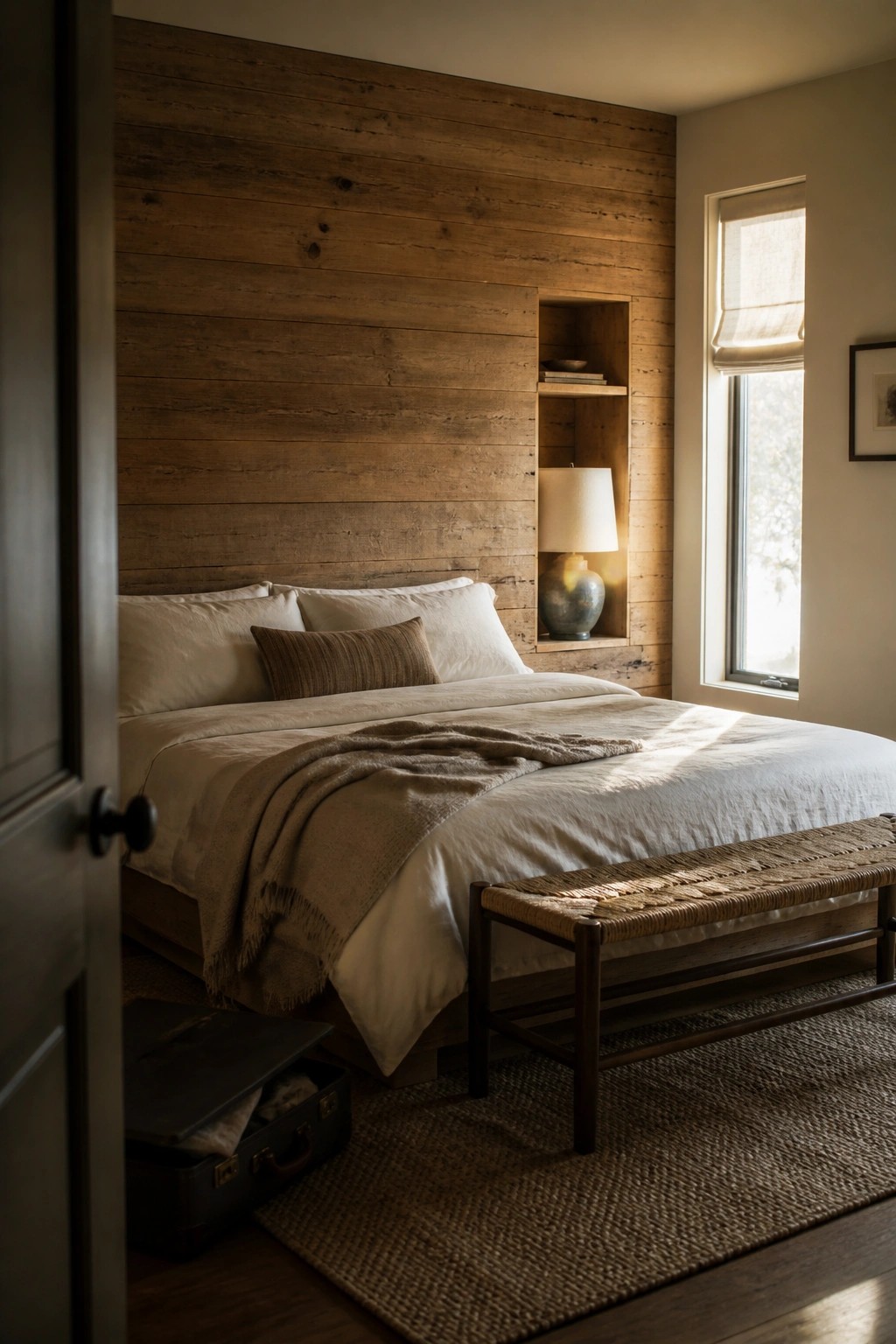 A bedroom featuring a full-height horizontal wood plank wall behind the bed with a recessed shelf holding a lamp and books, a bed with white linens, and a woven bench on a jute rug.