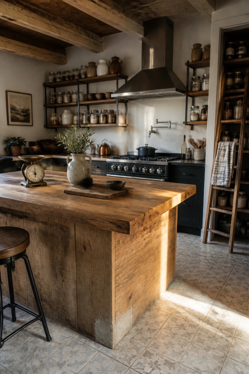 A kitchen interior with a large wooden island, open wall shelves holding jars and pottery, a black range with a metal hood, and patterned tile flooring.