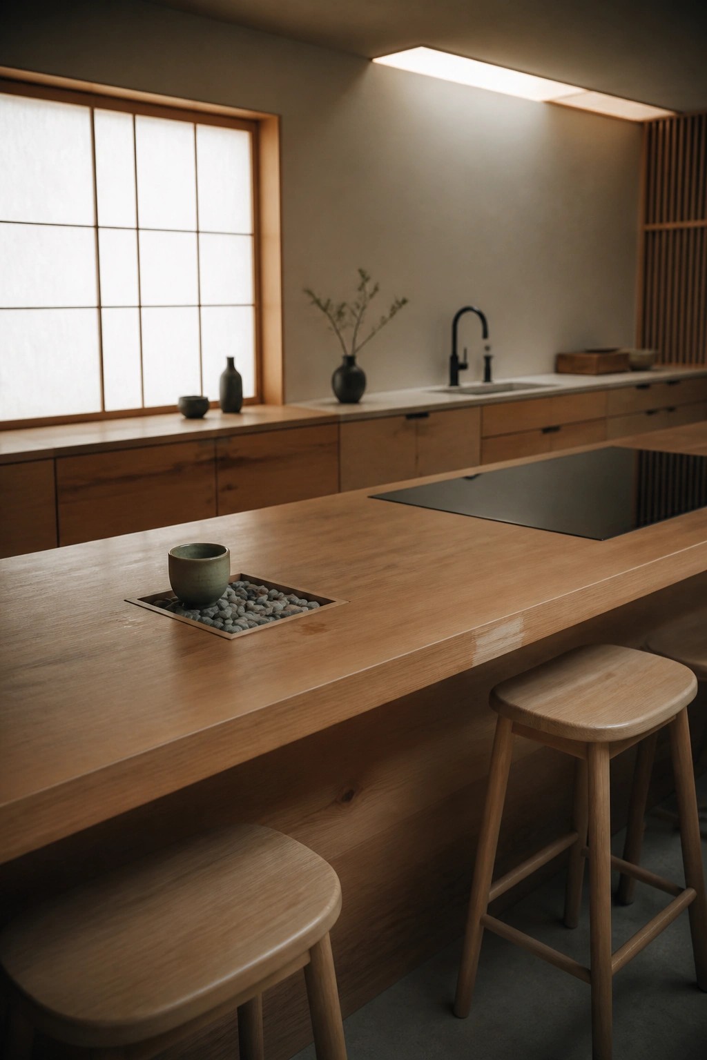 A modern kitchen with a long wooden island, two wooden stools, a built-in black cooktop, and a large shoji-style window in the background.