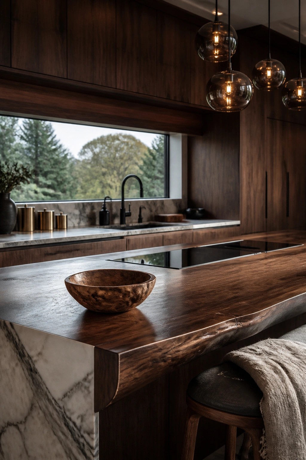 Modern kitchen with dark wood cabinetry, a thick live-edge wood island on a marble base, black faucet, and glass pendant lights.