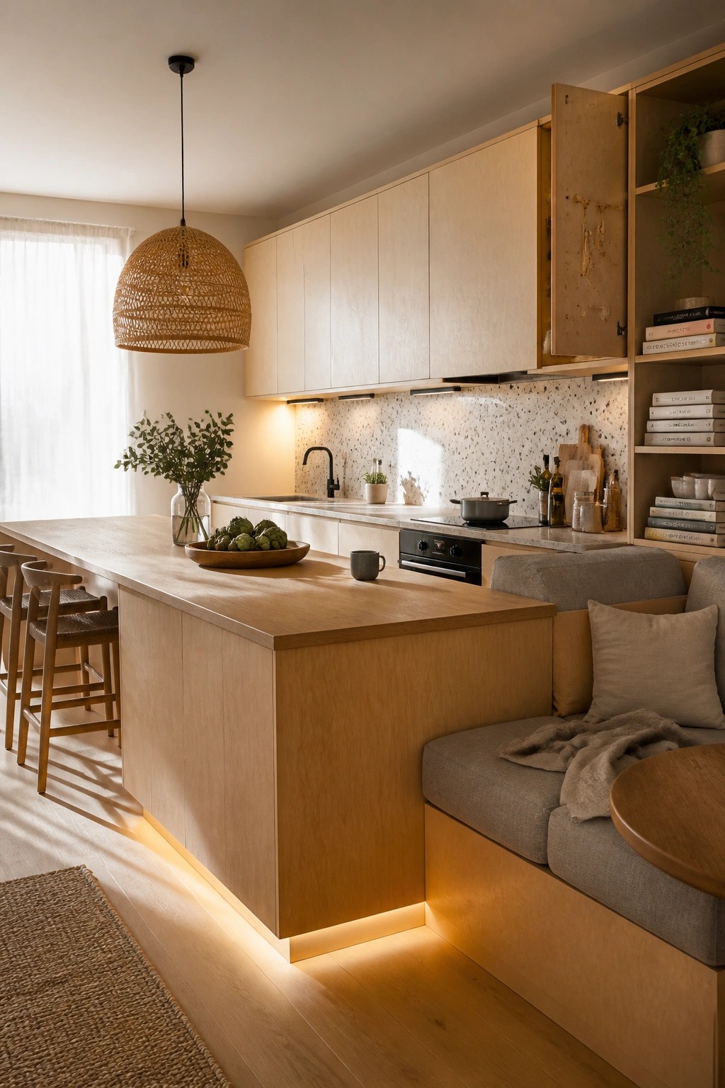 A light wood kitchen island with built-in gray upholstered bench seating on one side, wooden bar stools on the other, and open shelving to the right.