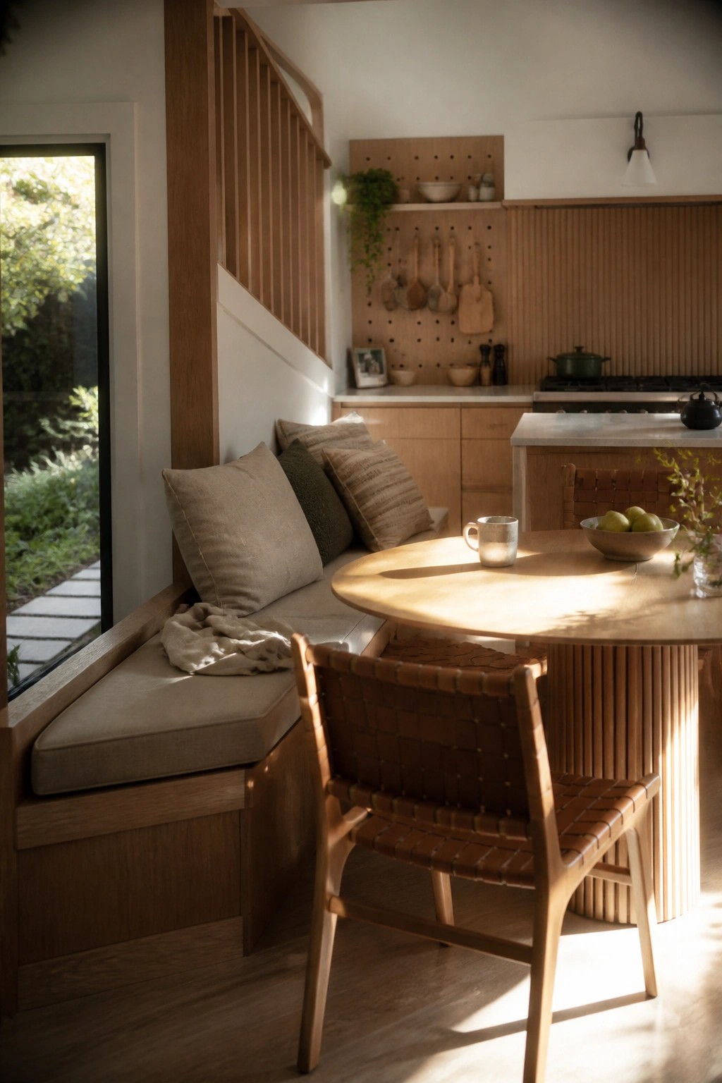 A modern kitchen interior with light wood cabinetry, a round wooden dining table, woven leather chairs, and a built-in cushioned bench along a large window.
