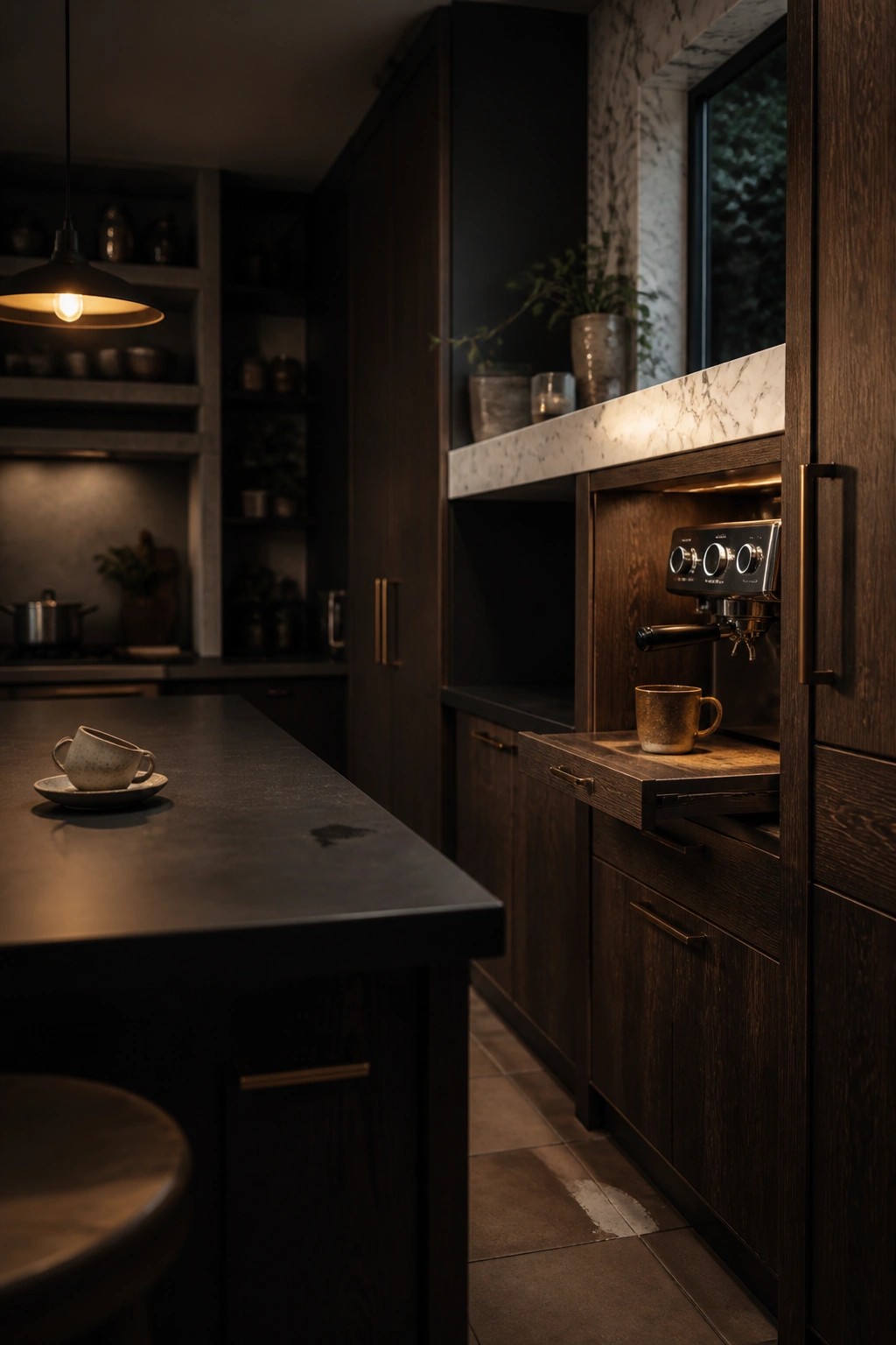 Dark wood kitchen with built-in espresso machine, marble counter, and glowing pendant light.