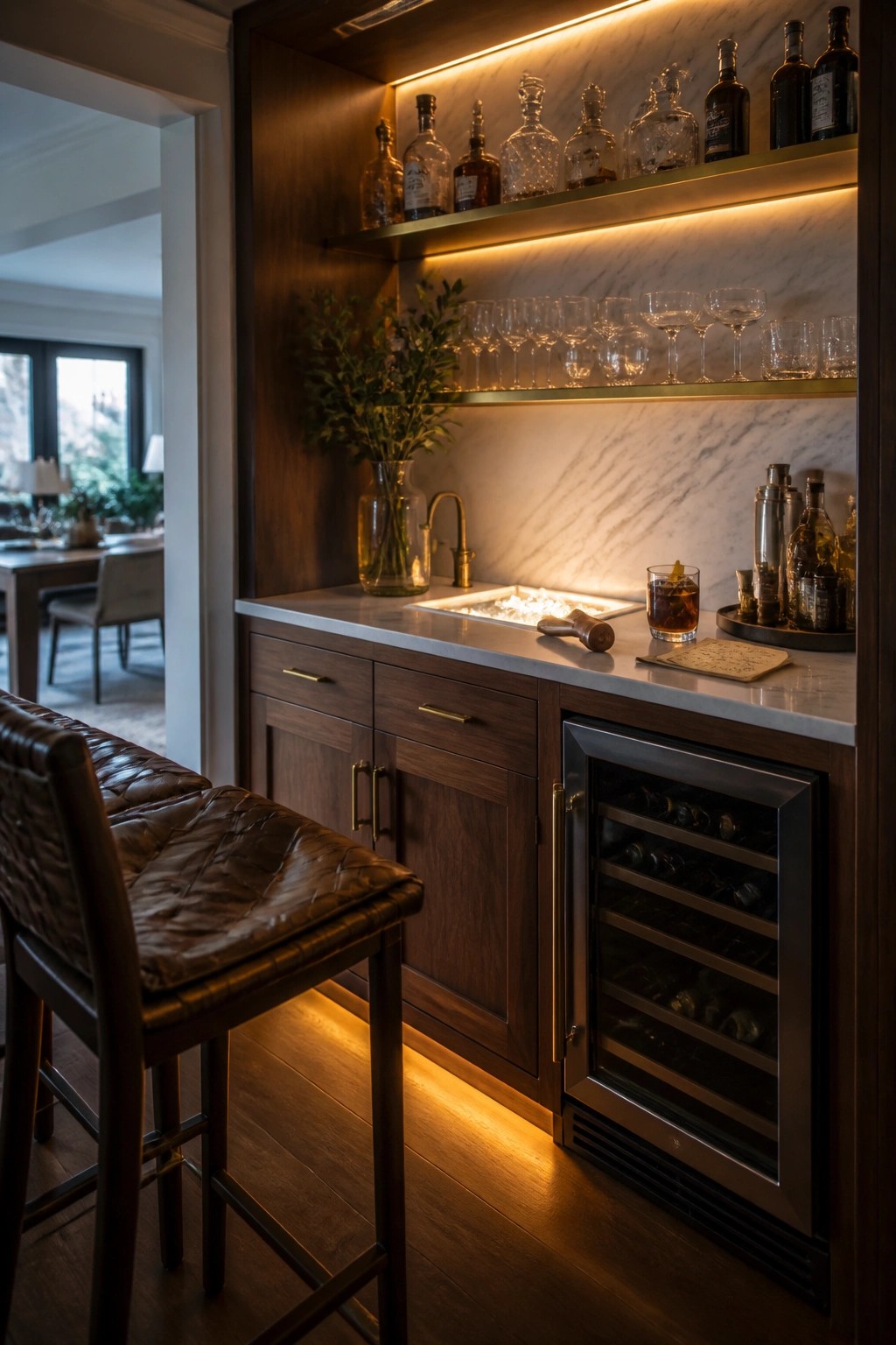 Elegant home bar with dark wood cabinets, marble shelves, wine fridge, and leather stools