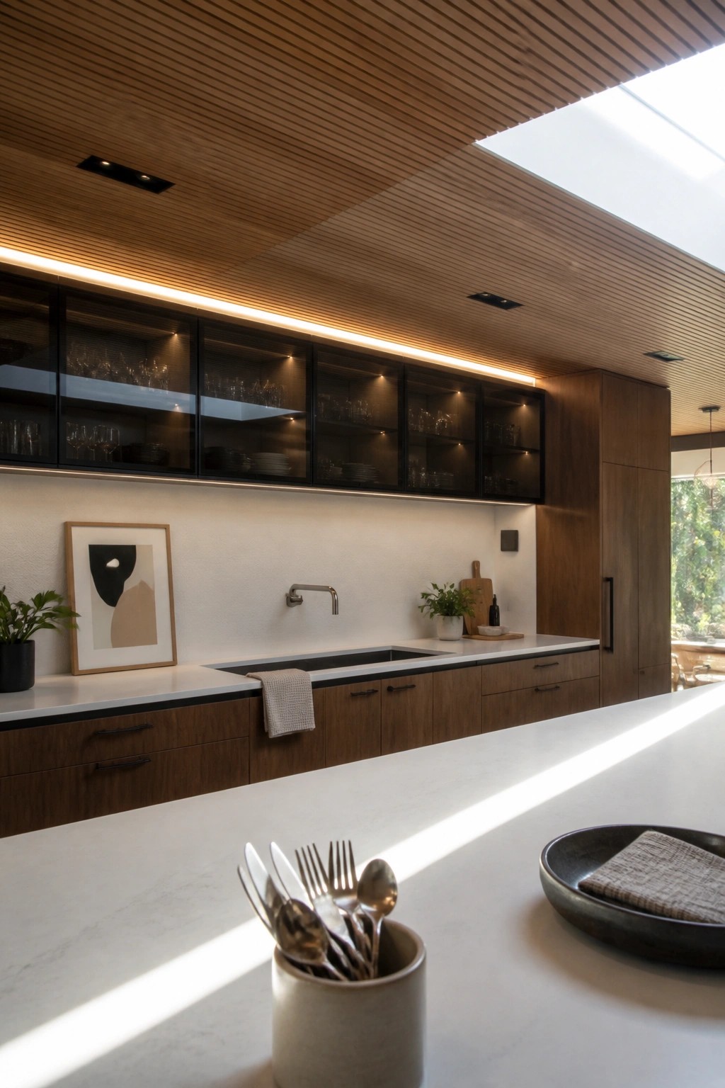 Modern kitchen with wood lower cabinets, glass upper cabinets lit from within, white countertops, and a slatted wood ceiling featuring a large skylight.