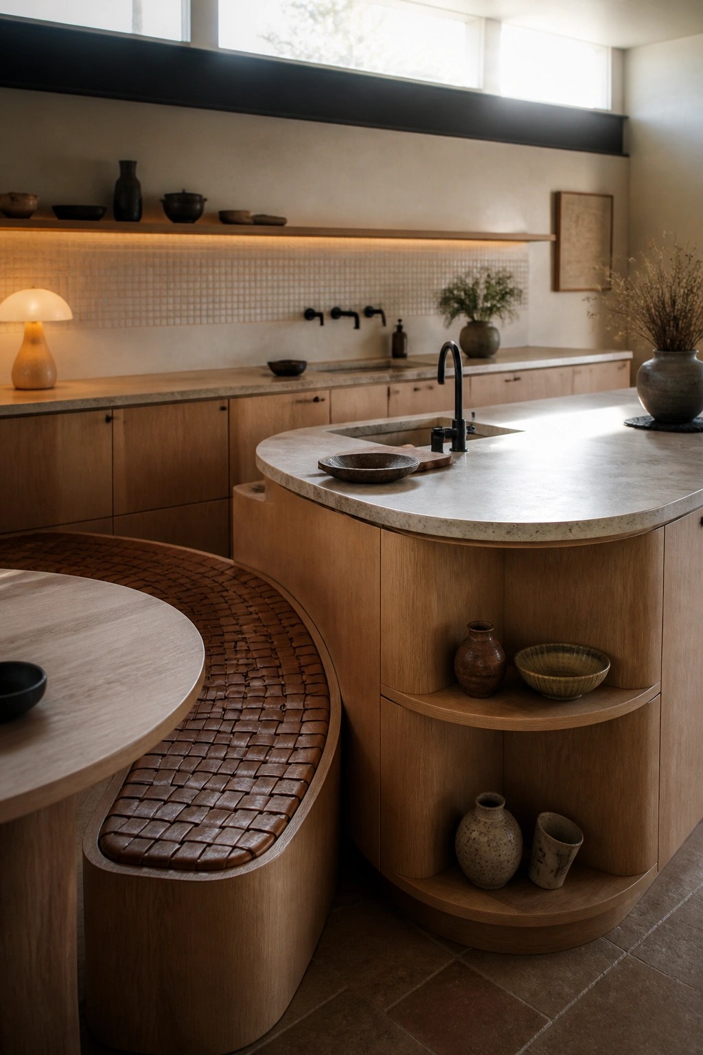 A modern kitchen interior showing a large curved wooden island with a stone countertop, built-in curved bench seating with woven leather, and open curved shelves holding pottery.