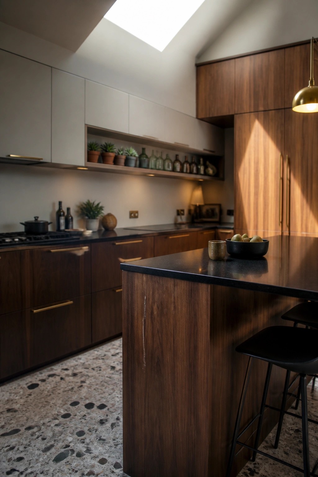 Modern kitchen with dark wood cabinets, black island, bar stools, and terrazzo floor.
