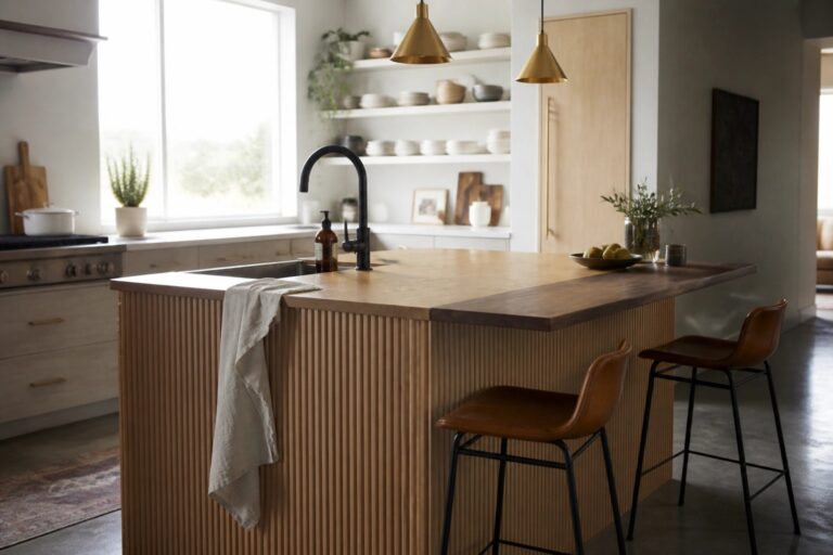 21 Smart Modern Wood Kitchen Ideas for an Open Airy Layout Modern kitchen island with fluted wood panels, concrete counter, and leather bar stools