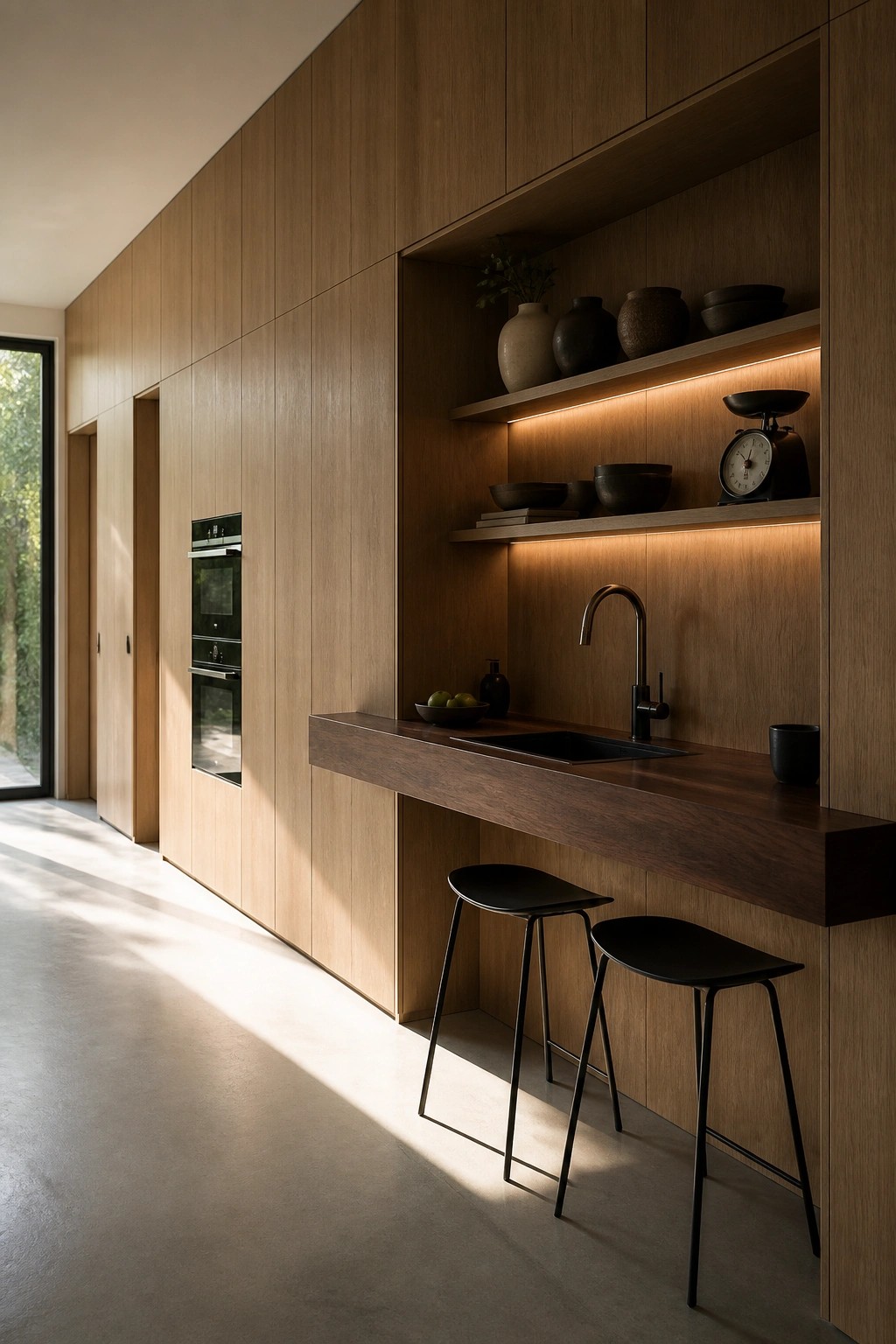 Modern kitchen interior with light wood cabinetry, a dark wood floating counter with two black stools, a black sink and faucet, and illuminated open shelves holding pottery and a scale.