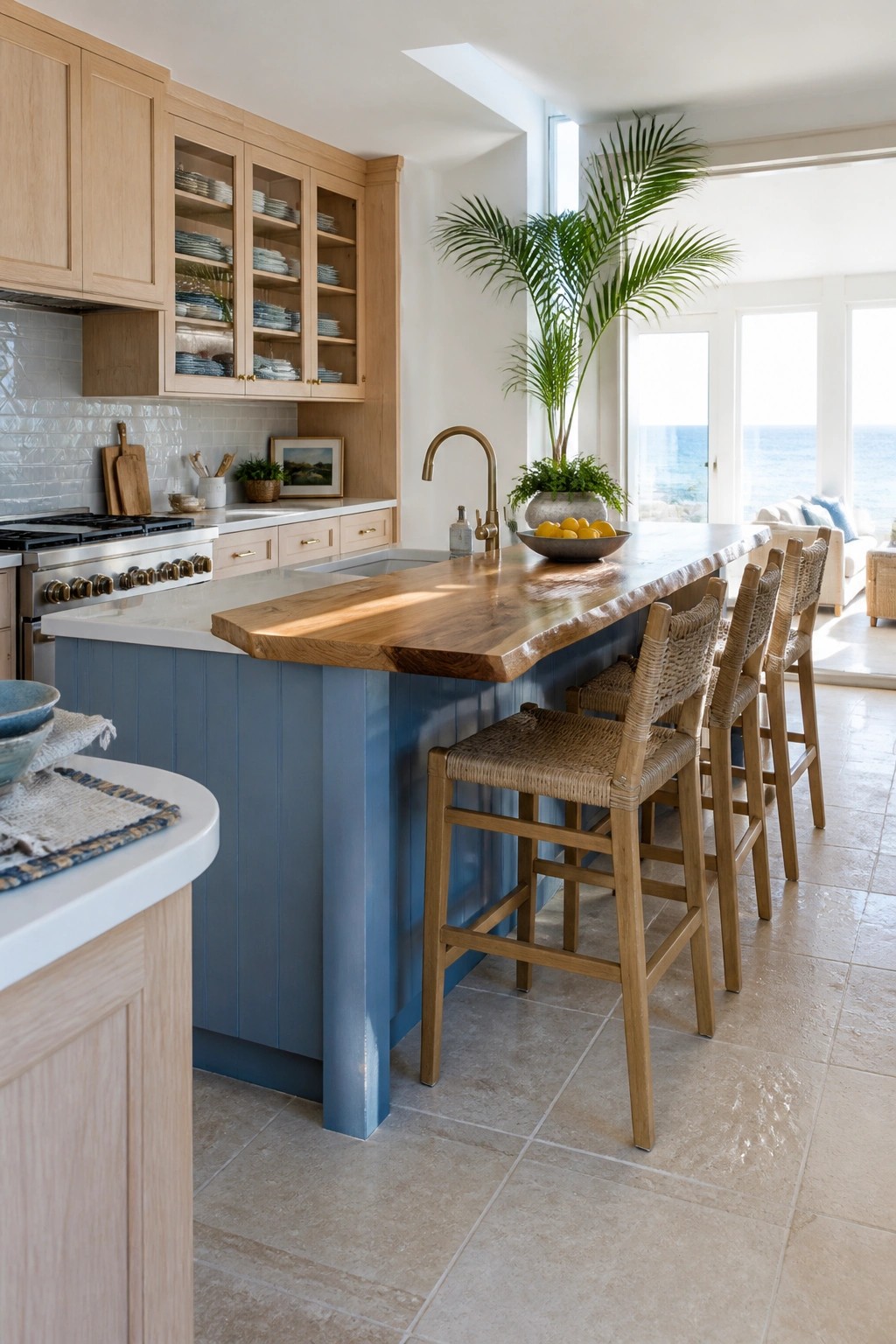Coastal kitchen with blue island, wooden bar stools, and ocean view.