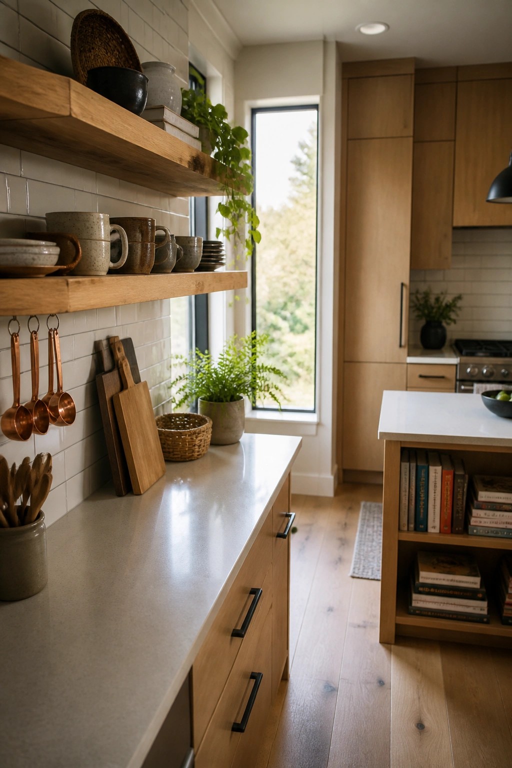 A kitchen interior with wooden open shelves above a light countertop, holding dishes, copper measuring cups, and plants, next to a window and wooden cabinets.