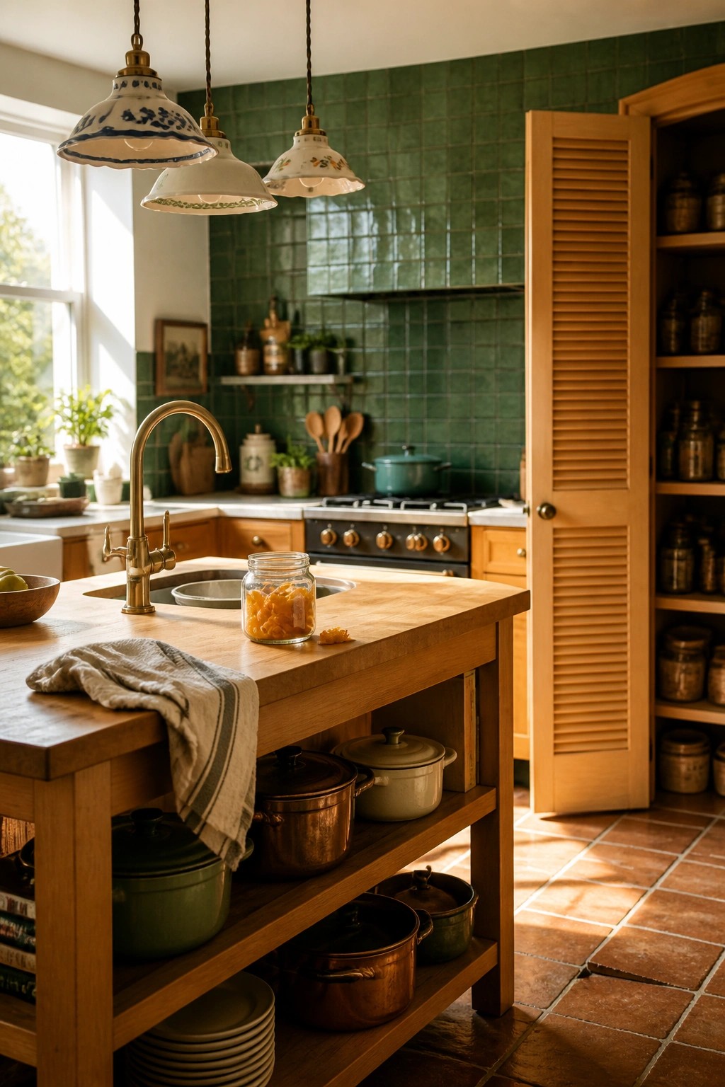 A kitchen interior showing a large wooden island with open lower shelves holding pots, a sink area, green tiled backsplash, and wooden louvered cabinet doors.