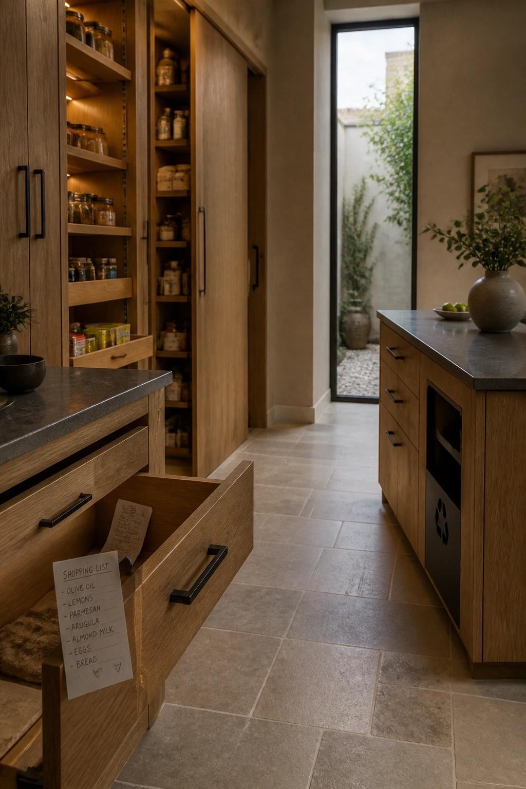 A modern kitchen interior with light wood cabinetry, open shelving stocked with glass jars, a pulled-out drawer containing a handwritten shopping list, and a long stone countertop along one wall.