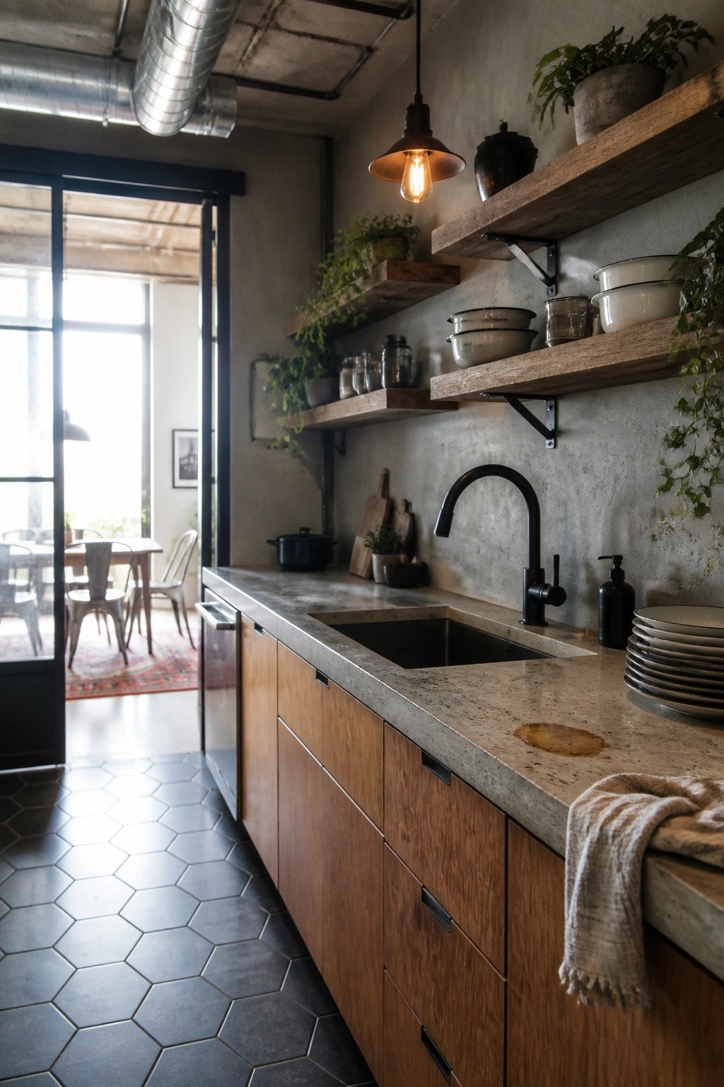 A modern kitchen interior with wood lower cabinets, a concrete countertop, black faucet, and floating wood shelves above the sink holding dishes and plants.