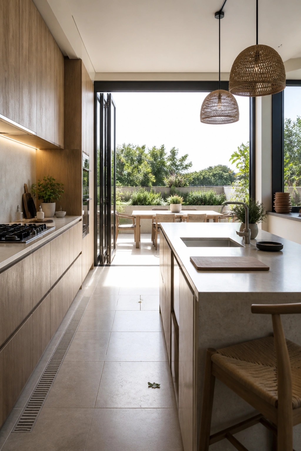 Modern kitchen with light wood cabinets, stone island, woven pendants, and open patio doors