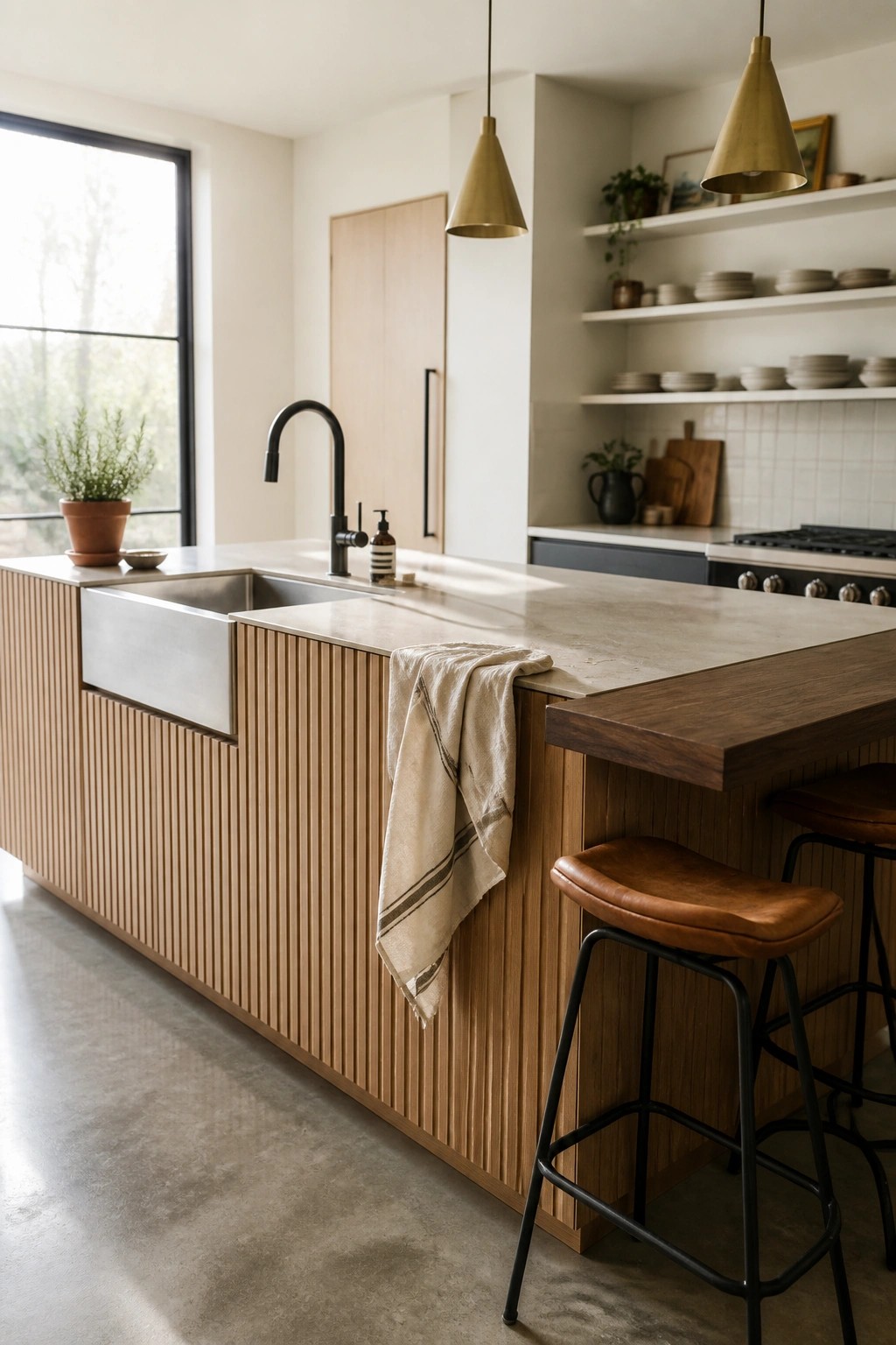 Modern kitchen island with fluted wood panels, concrete counter, and leather bar stools
