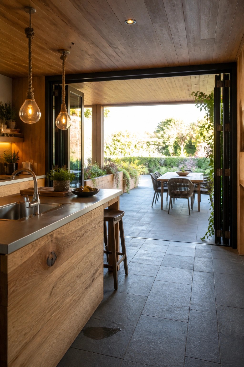 A wooden kitchen island with a metal countertop sits inside a room with large black-framed doors open to an outdoor patio dining area.