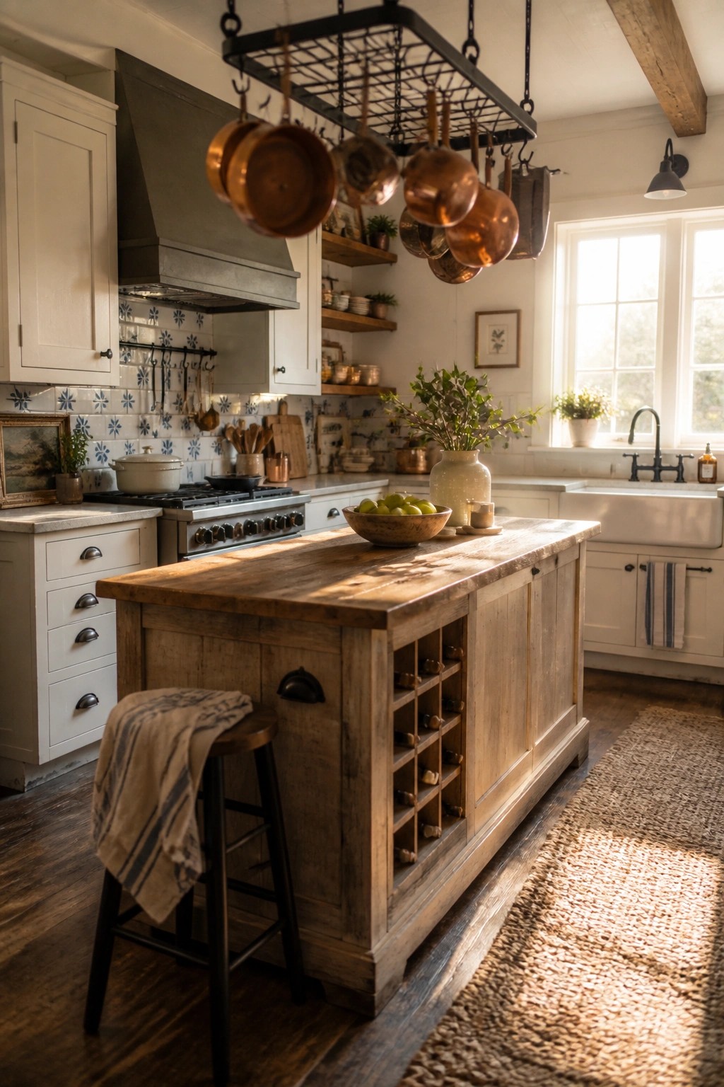 A wooden kitchen island with a built-in wine rack stands in a bright kitchen with white cabinets and hanging copper pots.