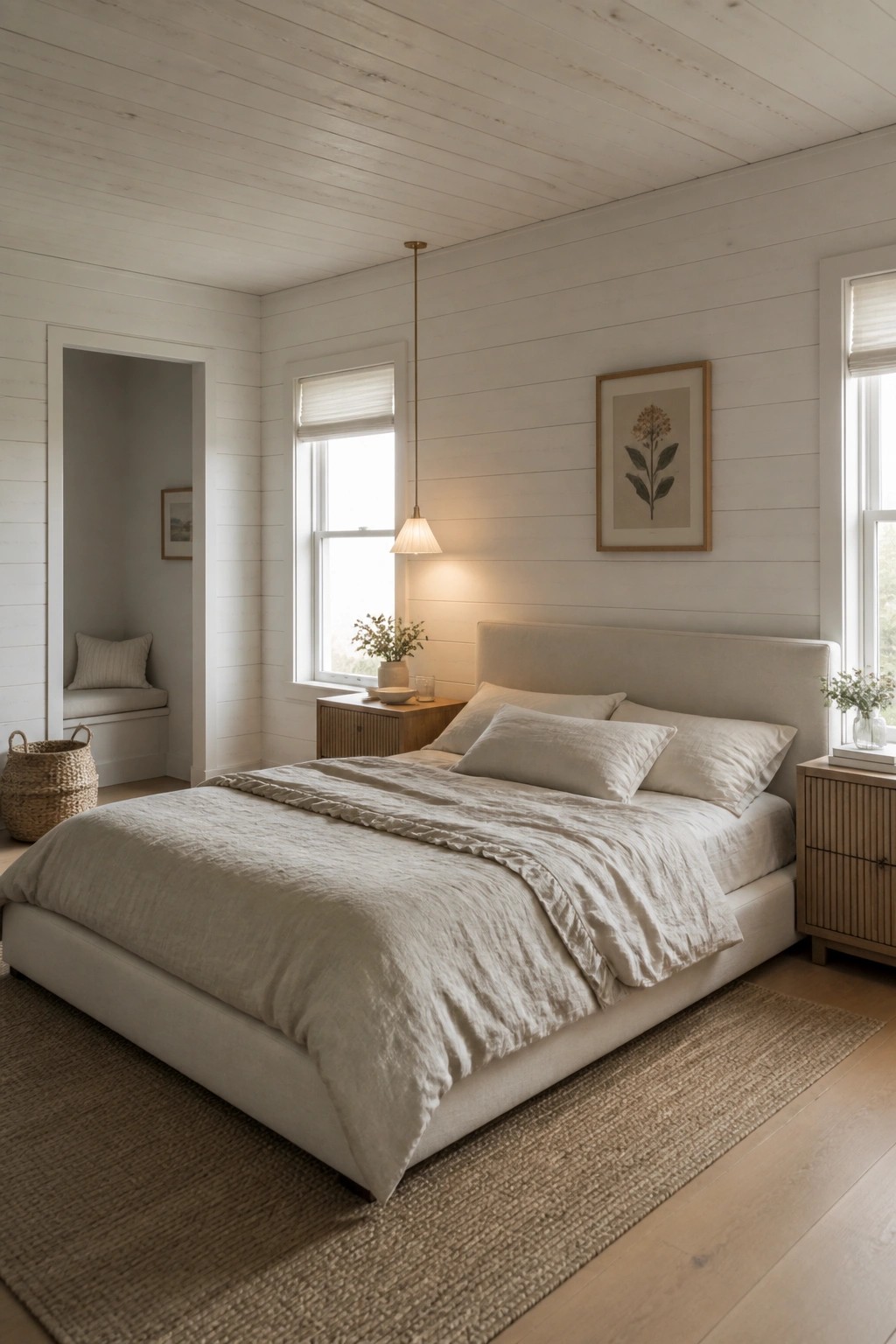 A bedroom with white wood panel walls and ceiling, a large bed with neutral linens, and a pendant light hanging above a wooden nightstand.