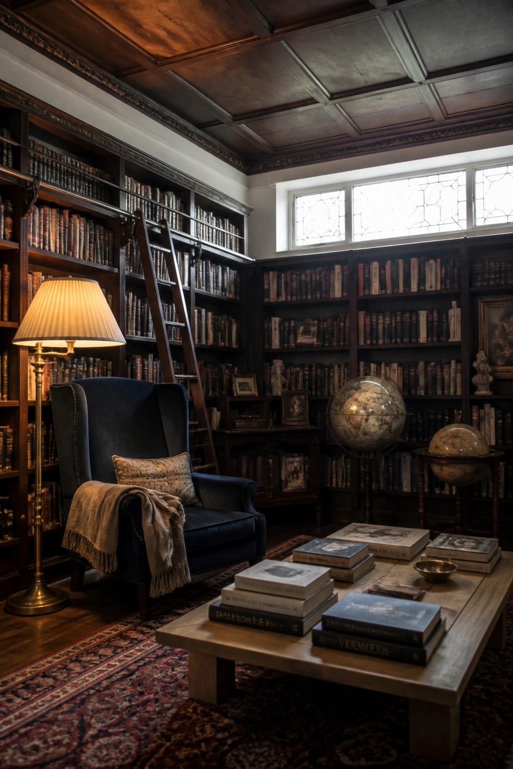 Interior of a library with dark wood grid panel ceiling, full-height bookshelves, a blue armchair, and a floor lamp.