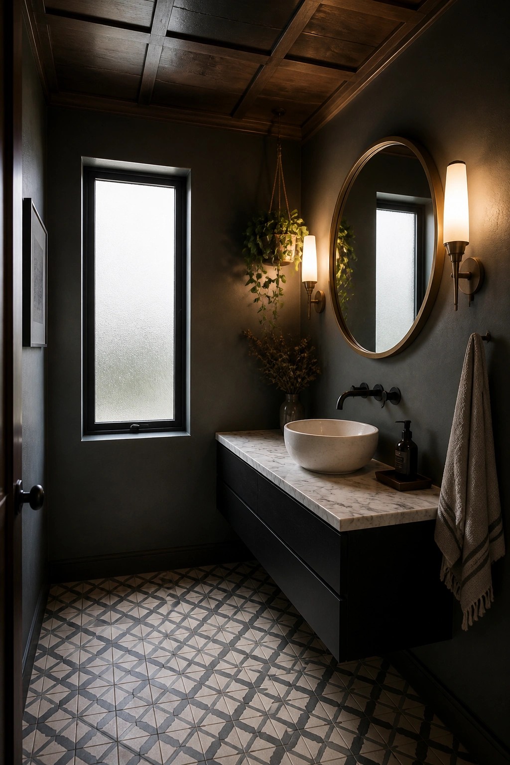 A bathroom interior showing a dark wood ceiling with a grid panel layout, black floating vanity, round mirror, and patterned floor tiles.