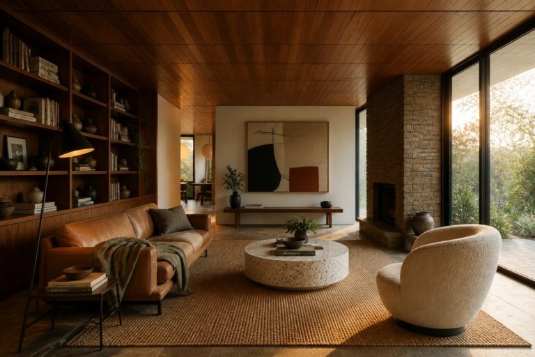 22 Smart Wood Panel Ceiling Ideas Using Clean Grids and Seamless Coverage A living room with a dark wood grid ceiling, brown leather sofa, terrazzo coffee table, and stone fireplace.