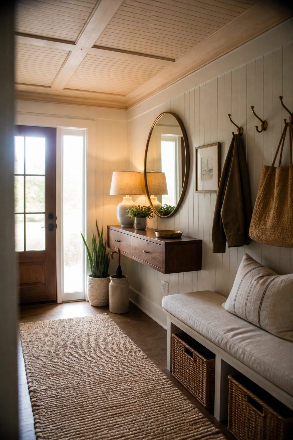 A narrow entry room with a light wood grid ceiling, white vertical panel walls, a floating wood console with two lamps, a round mirror, a built-in bench with baskets, and a woven rug leading to a glass door.