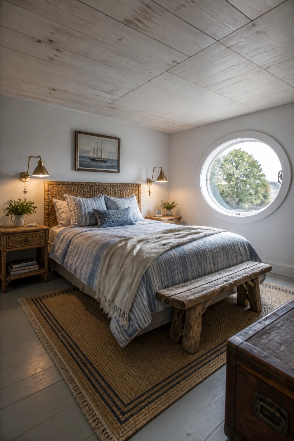 A bedroom featuring a light wood plank ceiling, a bed with blue and white bedding, wall sconces, and a round window on the right.
