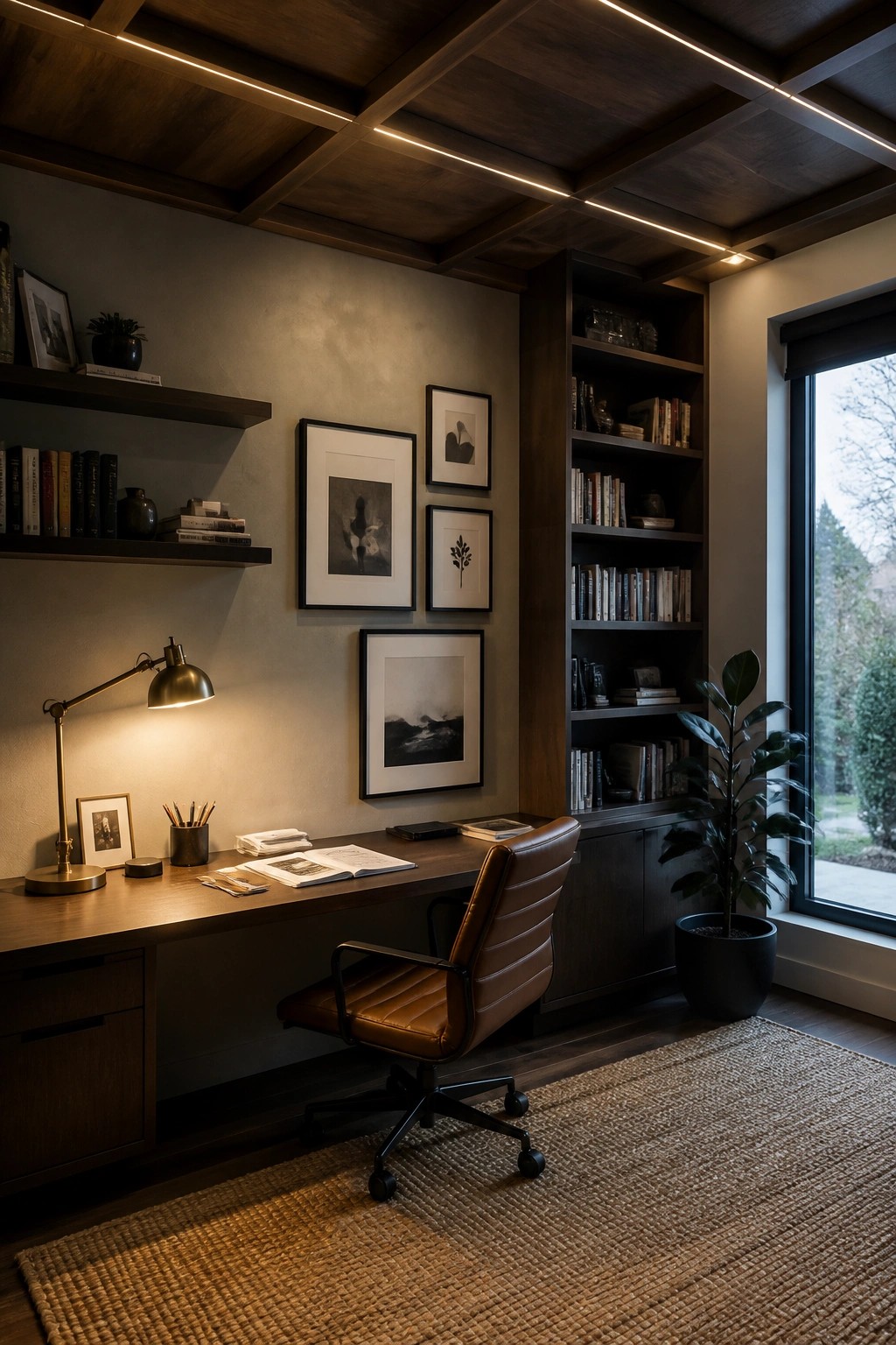 A home office featuring a dark wood grid ceiling with integrated linear lighting, a wooden desk, brown leather chair, and tall built-in bookshelves.