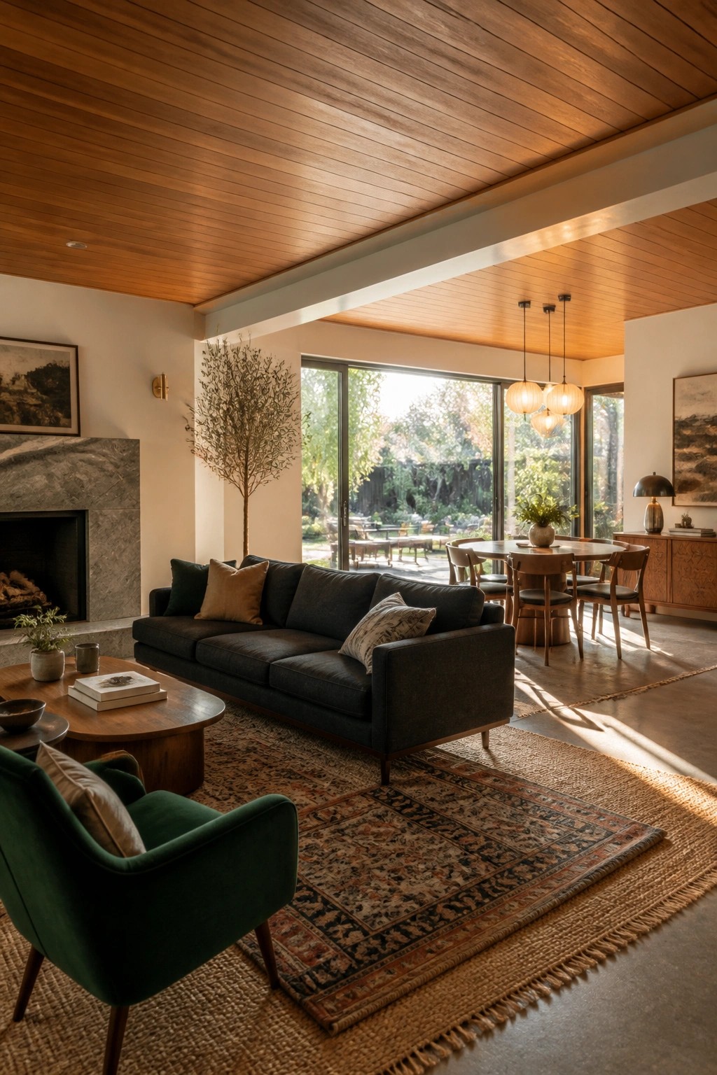 Interior view of a living room and dining area with a continuous horizontal wood paneled ceiling, dark sofa, green armchair, round wooden coffee table on a patterned rug, and large glass doors leading outside.