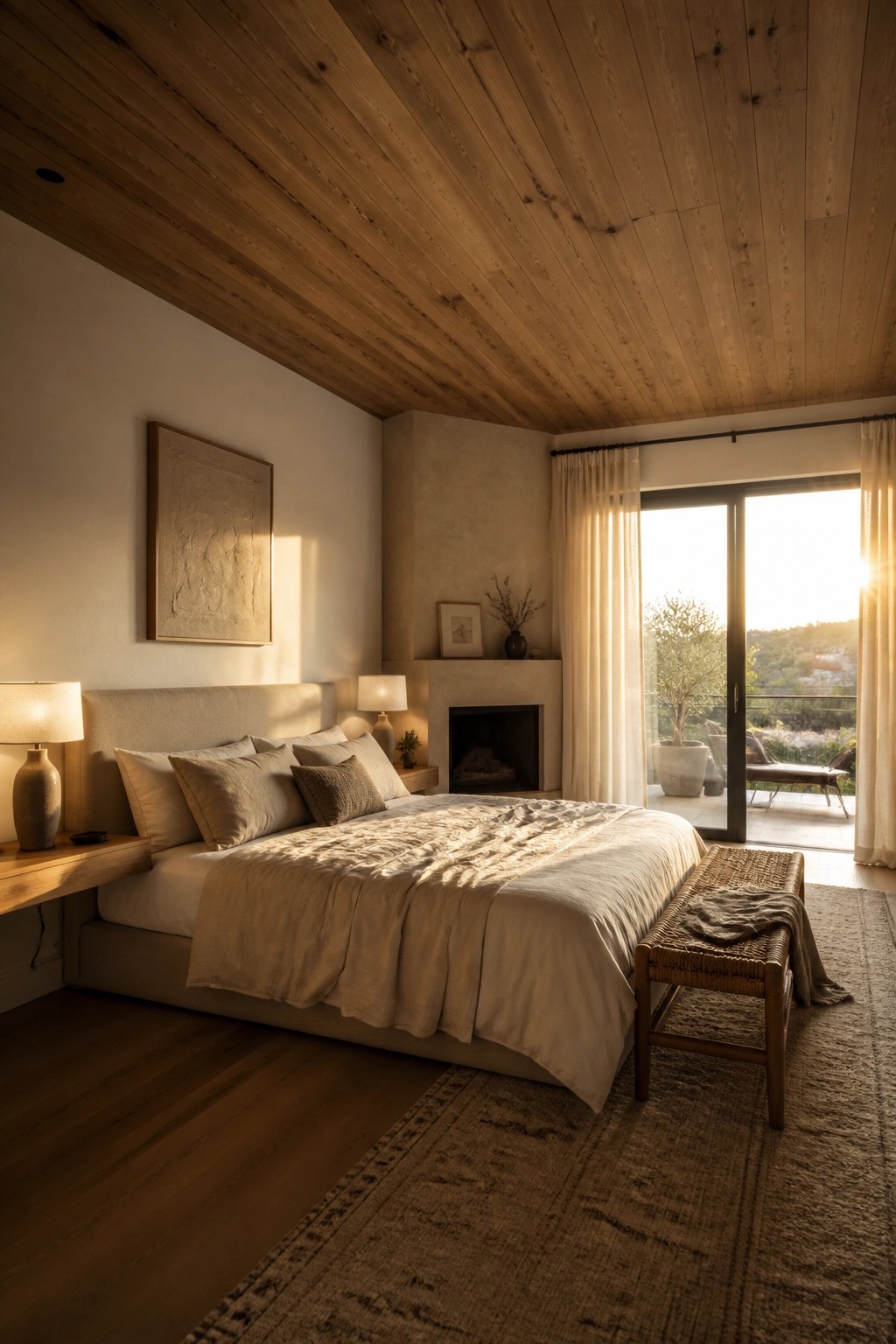 A bedroom interior with a full wood plank ceiling, a large bed with neutral linens, a fireplace, and glass doors opening to an outdoor patio.
