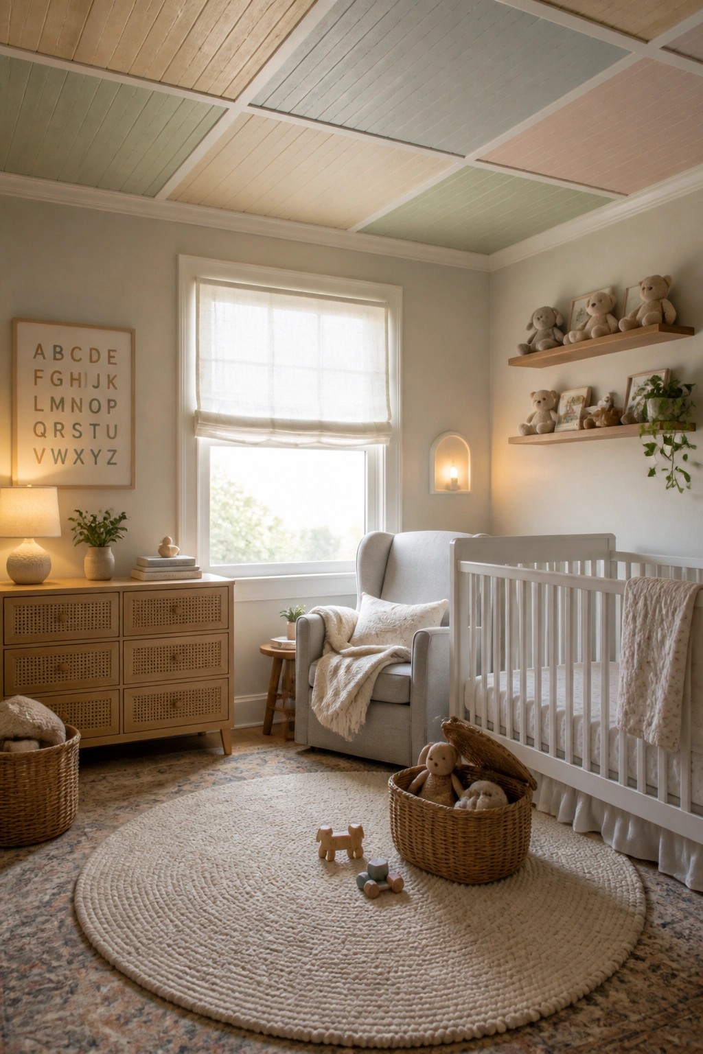 A child's bedroom with a wood panel ceiling painted in soft pastel sections of green, blue, beige, and pink, along with a white crib, gray armchair, and round woven rug.