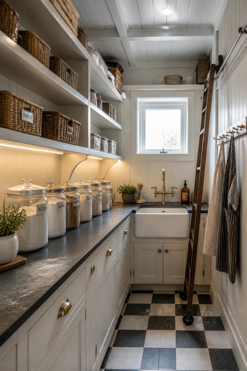 A narrow white pantry interior with open shelves holding baskets and glass jars, a white farmhouse sink, brass fixtures, and a white wood plank ceiling.