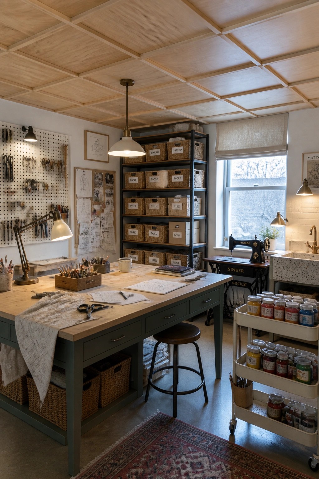 Interior view of a craft room showing a wood paneled ceiling with a clean grid layout, a large work table, and storage elements.