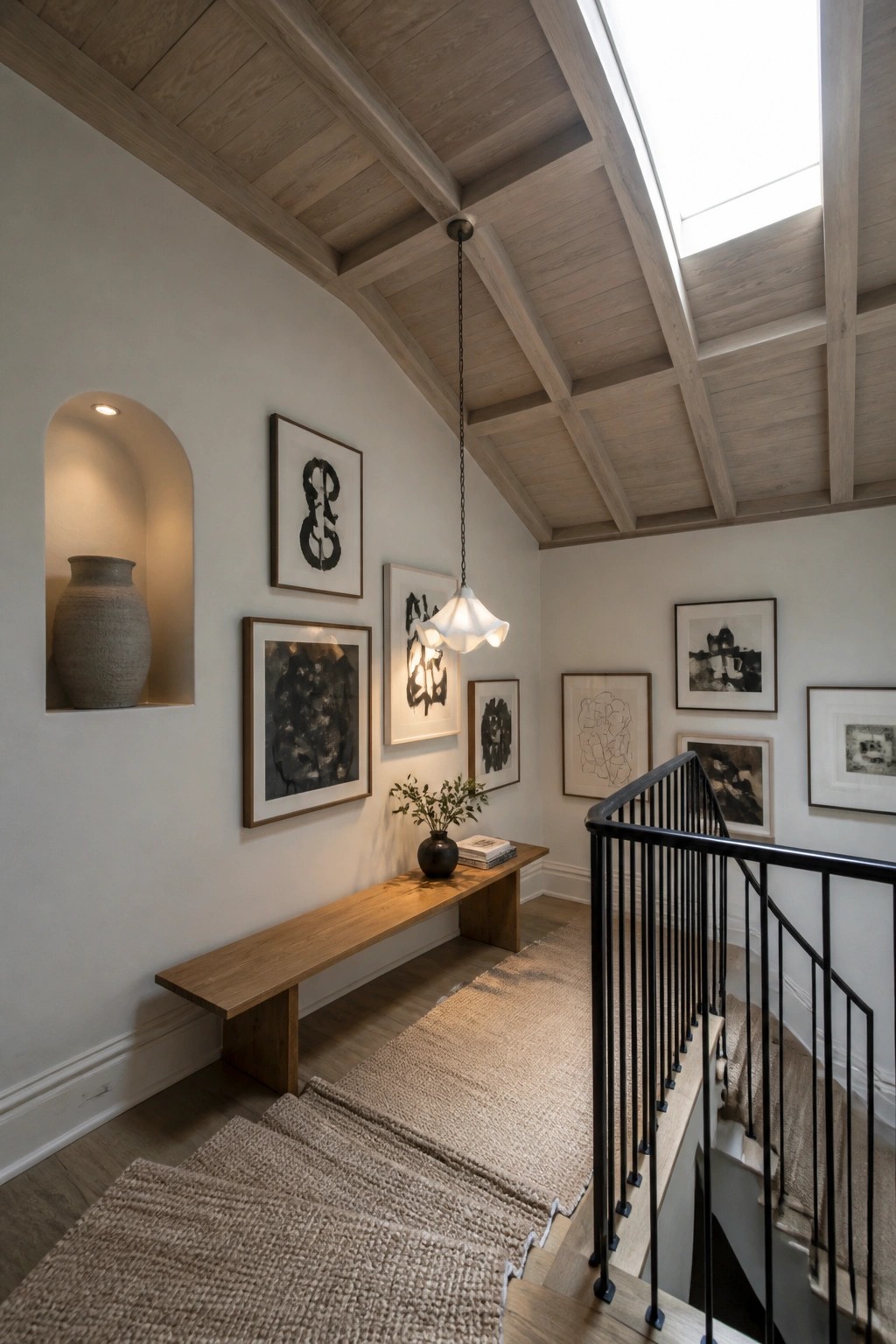A light wood paneled ceiling with exposed beams in a grid pattern over a hallway with framed art and a wooden bench.