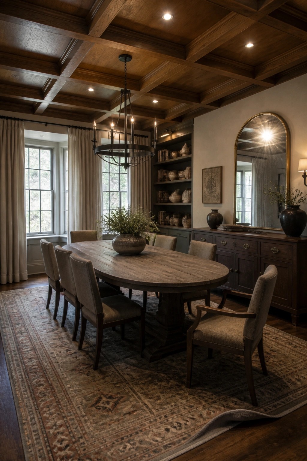 Rustic dining room with wooden table, upholstered chairs, chandelier, and arched mirror.